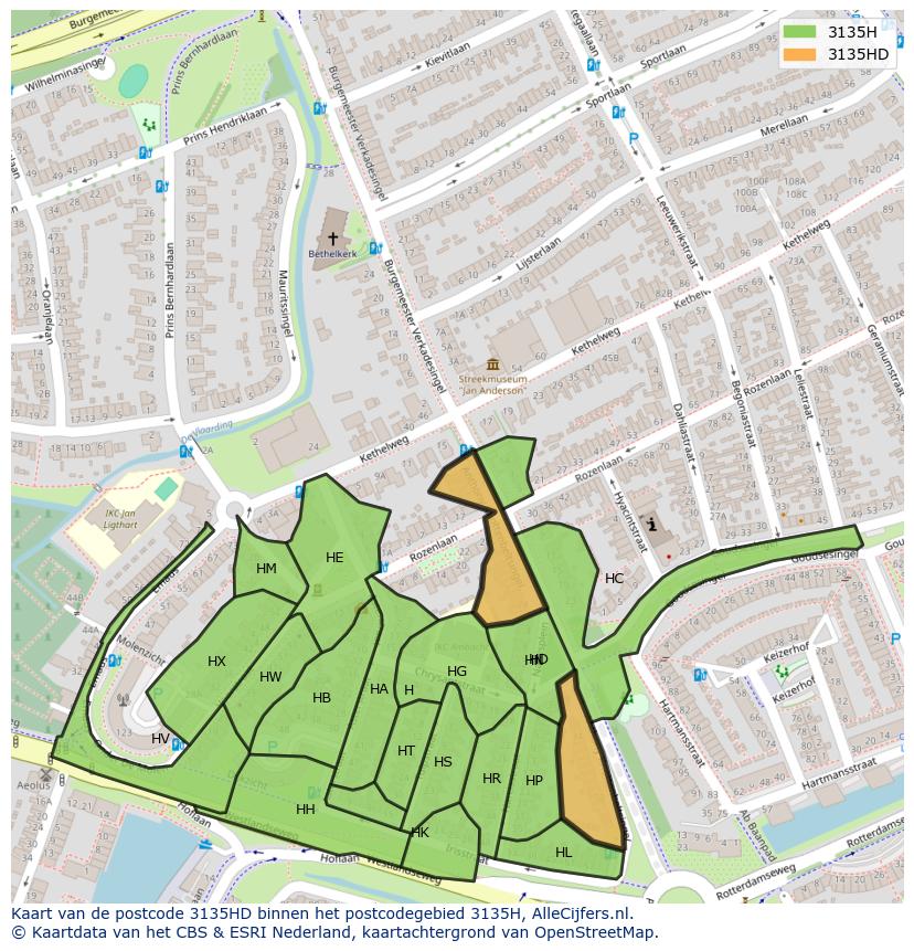 Afbeelding van het postcodegebied 3135 HD op de kaart.
