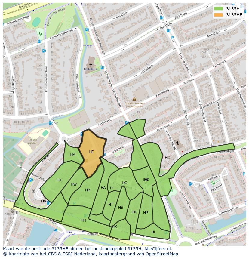 Afbeelding van het postcodegebied 3135 HE op de kaart.