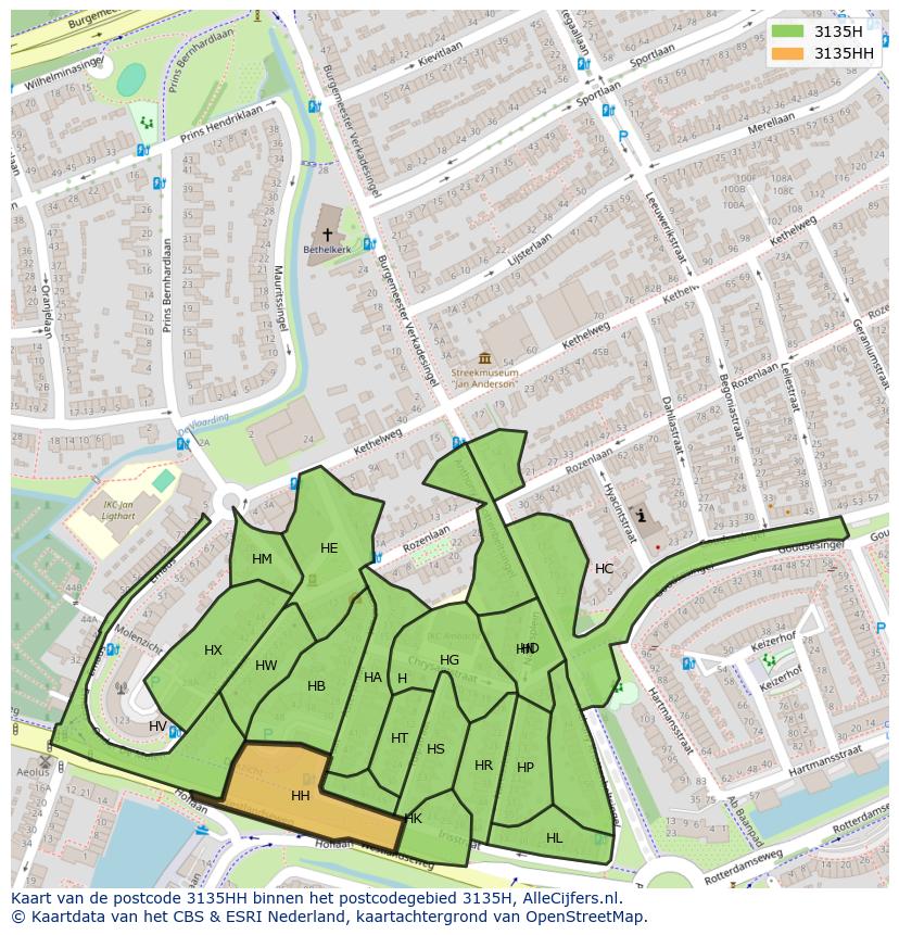 Afbeelding van het postcodegebied 3135 HH op de kaart.