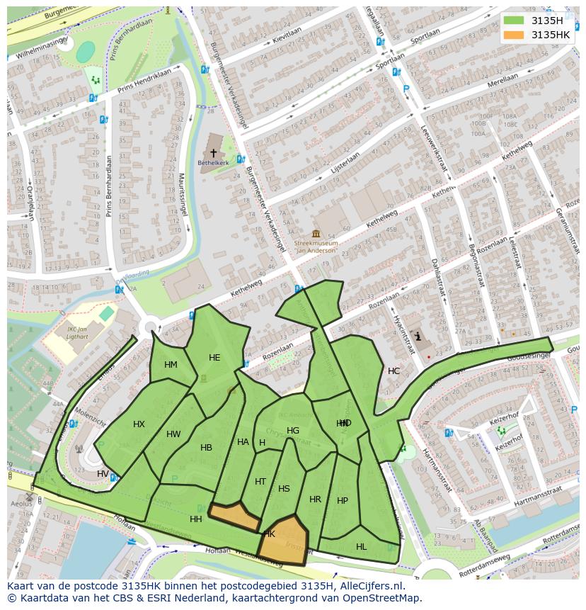 Afbeelding van het postcodegebied 3135 HK op de kaart.