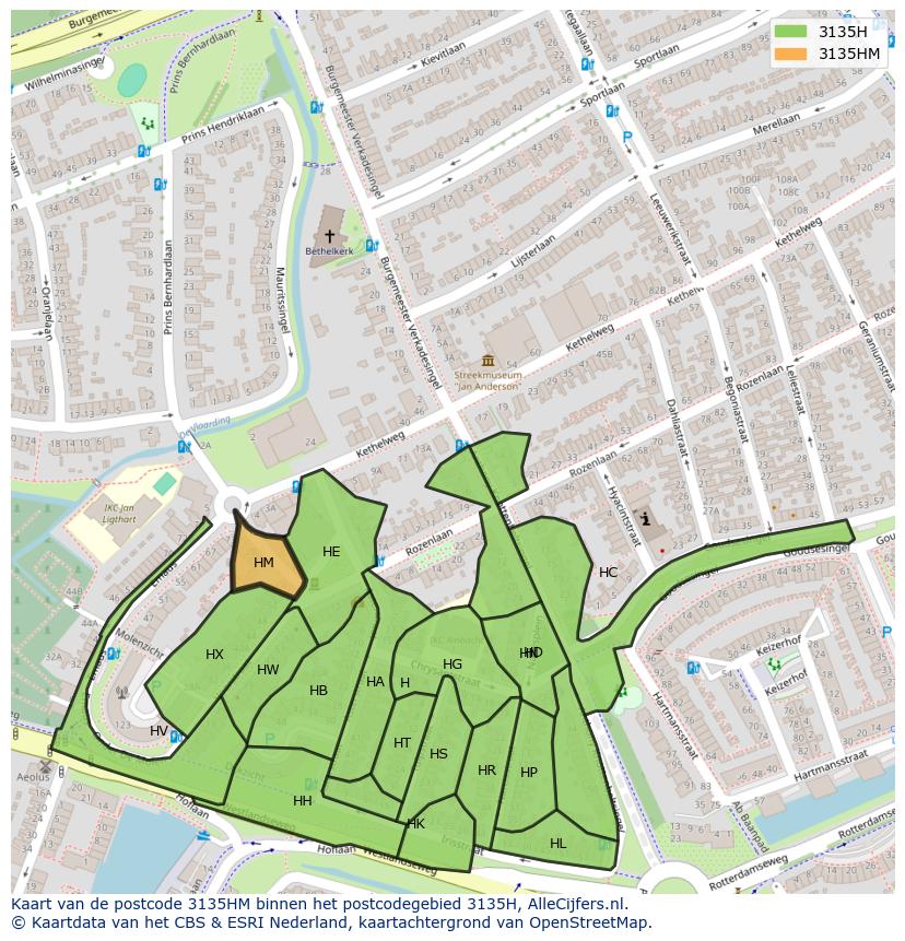 Afbeelding van het postcodegebied 3135 HM op de kaart.