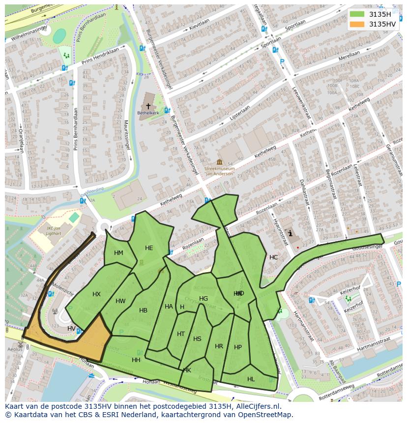 Afbeelding van het postcodegebied 3135 HV op de kaart.
