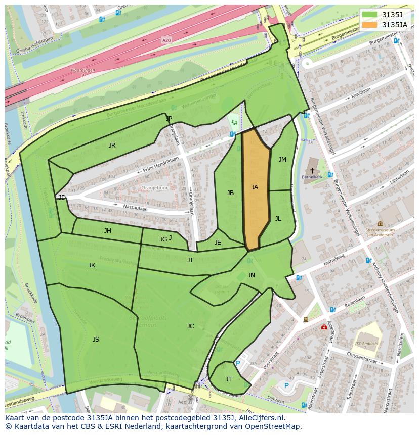 Afbeelding van het postcodegebied 3135 JA op de kaart.