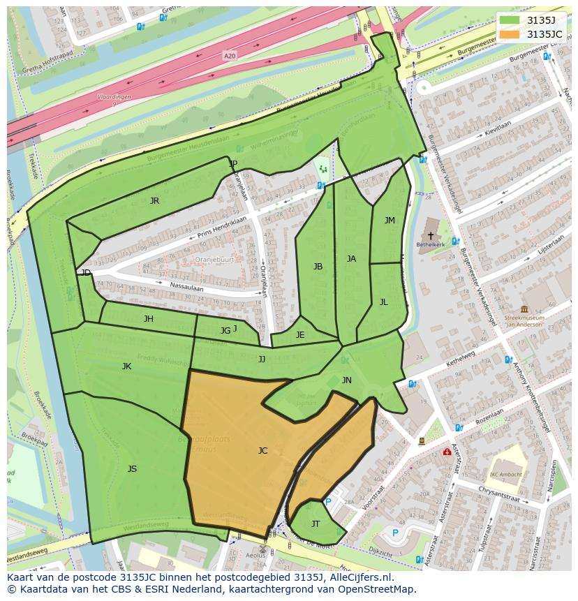 Afbeelding van het postcodegebied 3135 JC op de kaart.