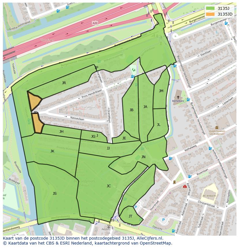 Afbeelding van het postcodegebied 3135 JD op de kaart.