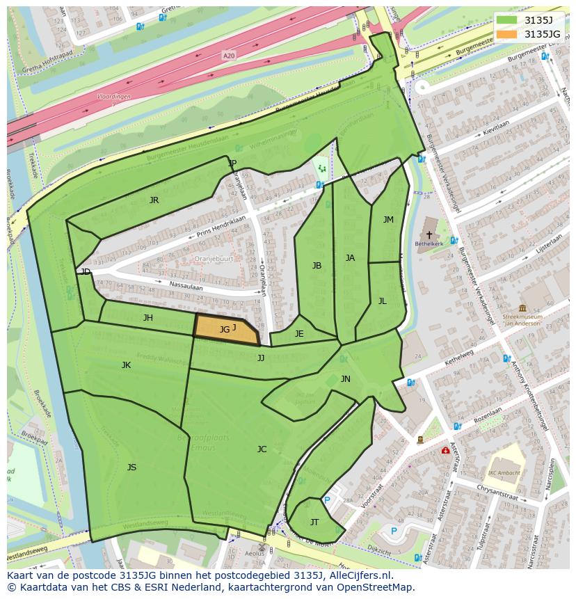 Afbeelding van het postcodegebied 3135 JG op de kaart.