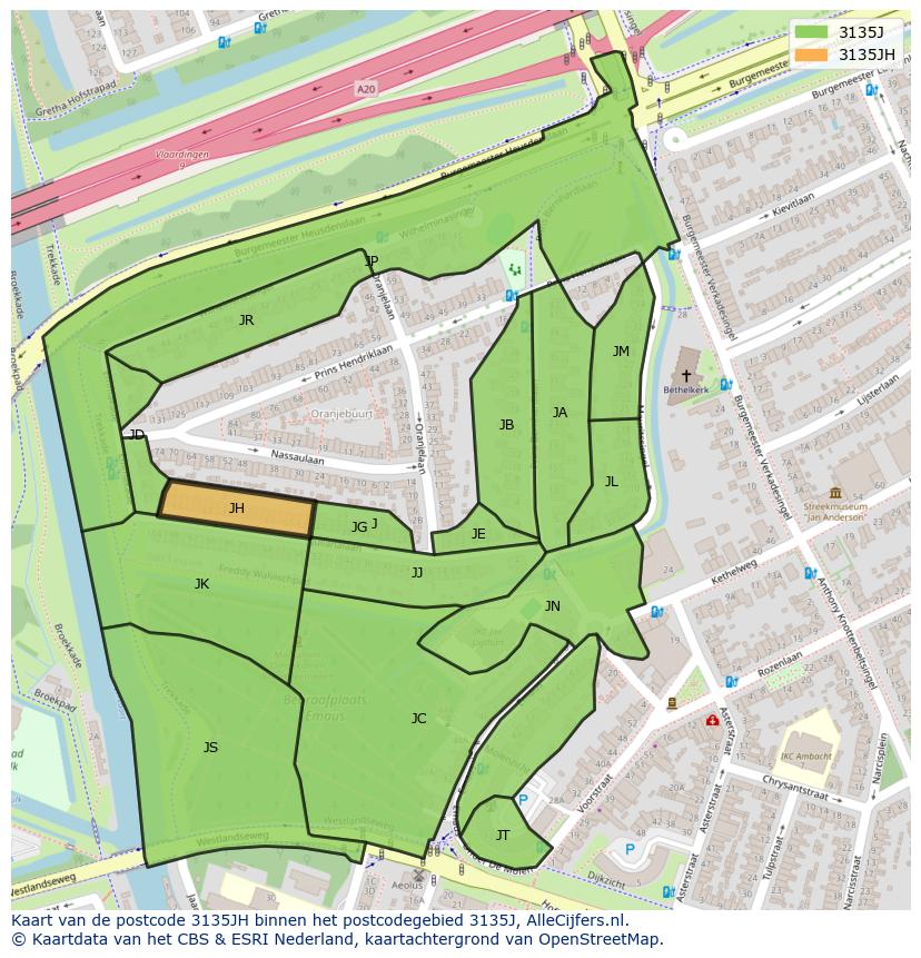 Afbeelding van het postcodegebied 3135 JH op de kaart.
