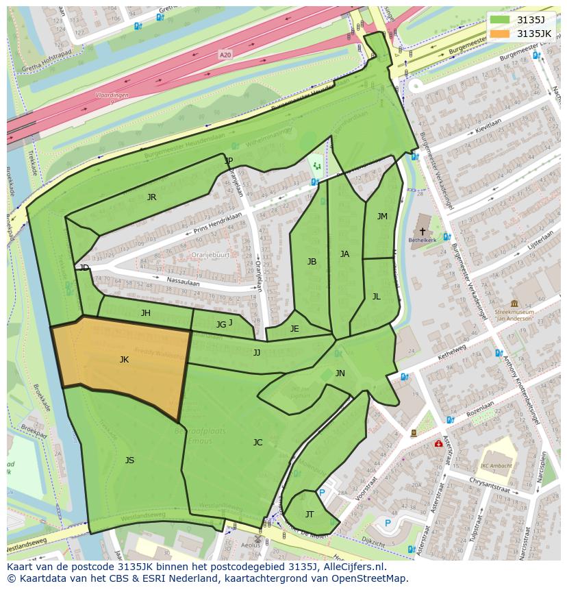 Afbeelding van het postcodegebied 3135 JK op de kaart.