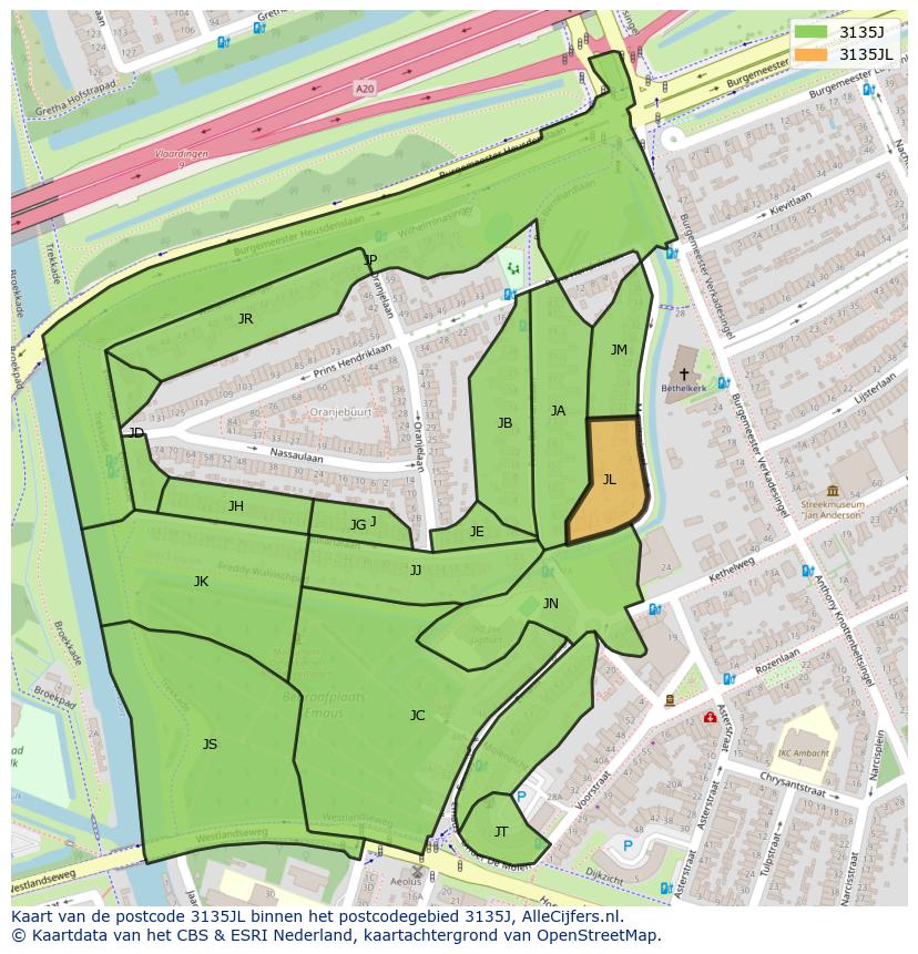 Afbeelding van het postcodegebied 3135 JL op de kaart.