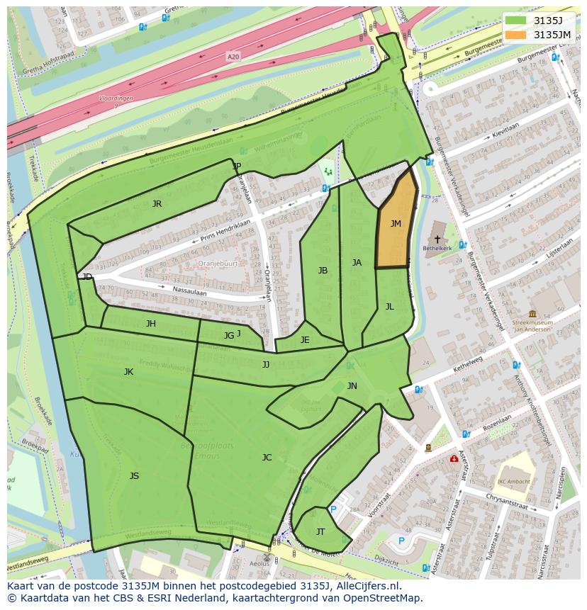 Afbeelding van het postcodegebied 3135 JM op de kaart.