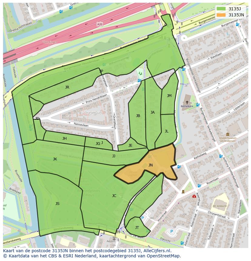 Afbeelding van het postcodegebied 3135 JN op de kaart.