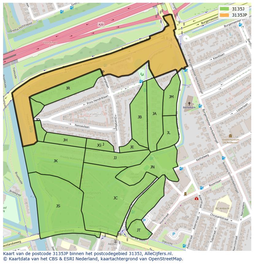 Afbeelding van het postcodegebied 3135 JP op de kaart.