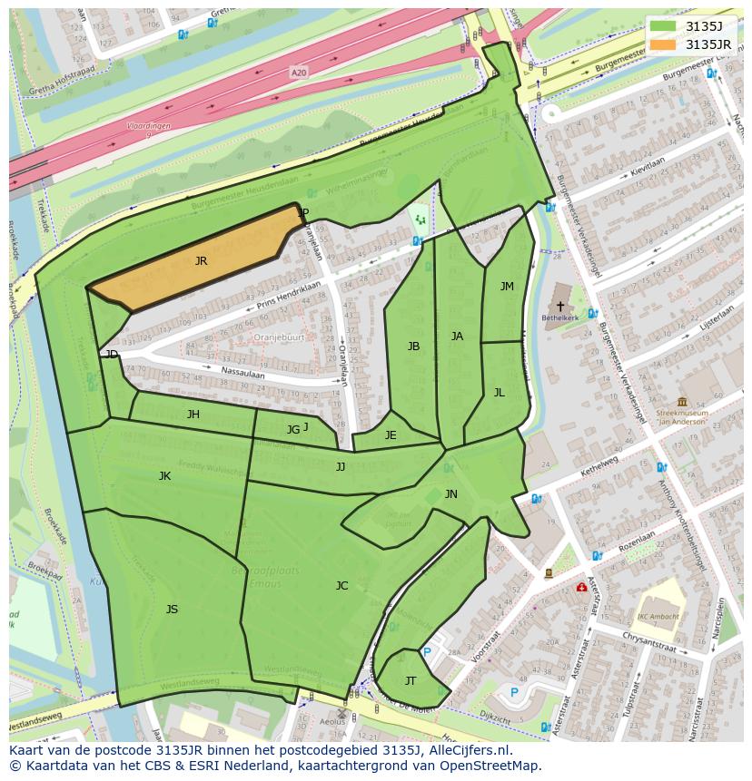 Afbeelding van het postcodegebied 3135 JR op de kaart.