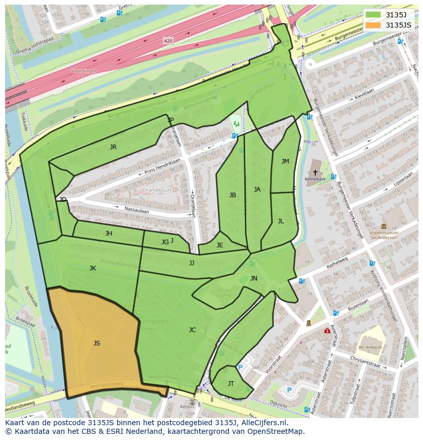 Afbeelding van het postcodegebied 3135 JS op de kaart.