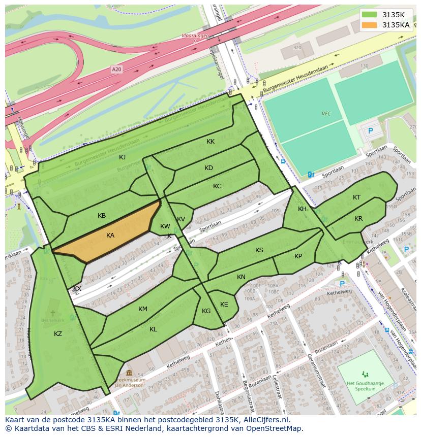 Afbeelding van het postcodegebied 3135 KA op de kaart.