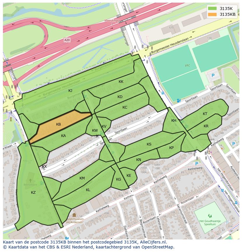 Afbeelding van het postcodegebied 3135 KB op de kaart.