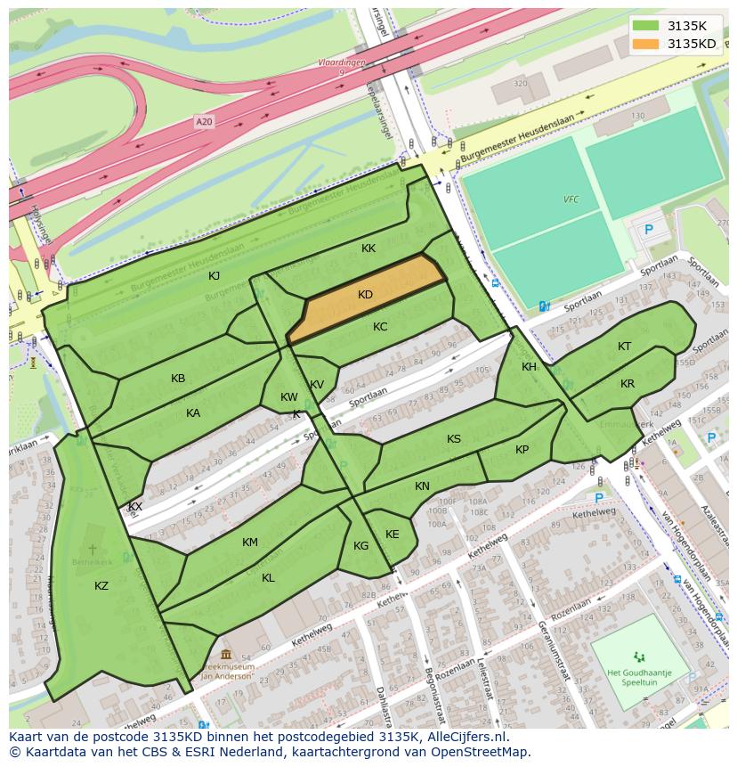 Afbeelding van het postcodegebied 3135 KD op de kaart.