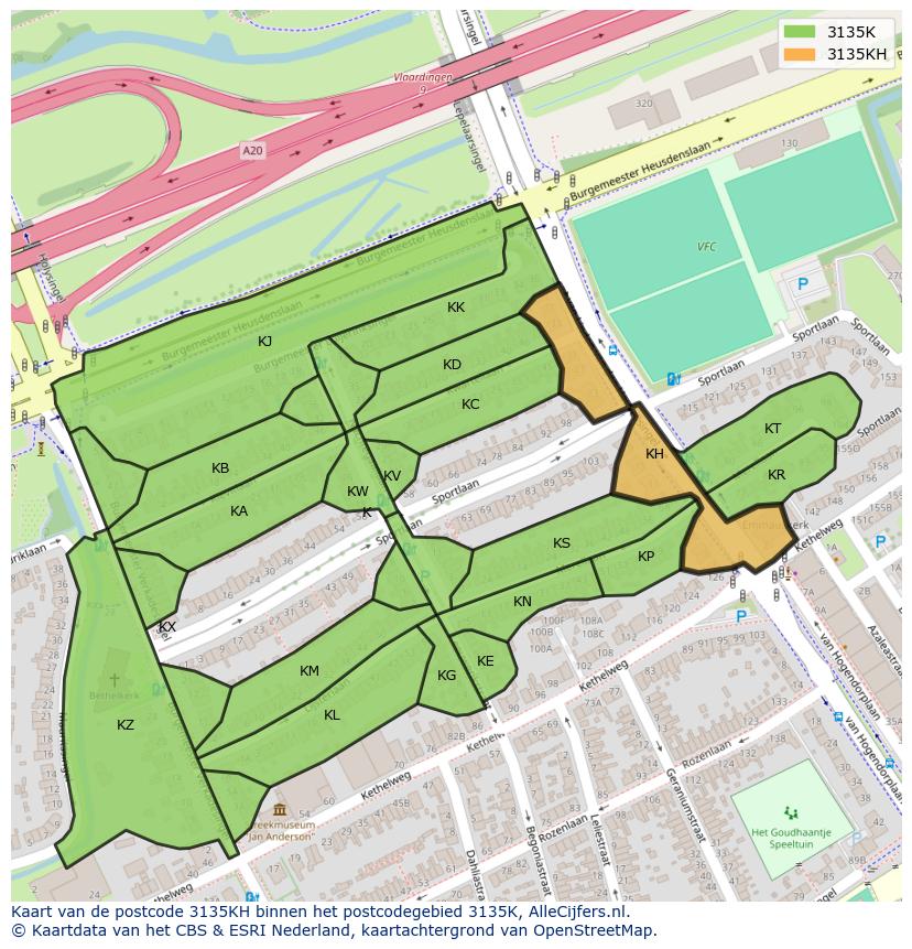 Afbeelding van het postcodegebied 3135 KH op de kaart.