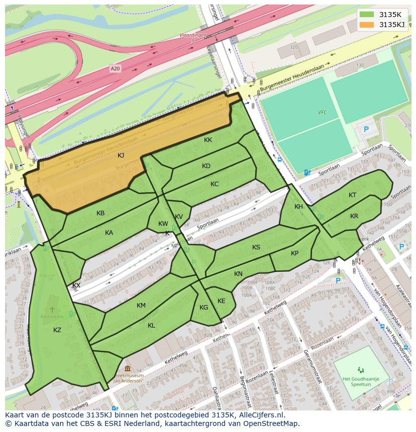 Afbeelding van het postcodegebied 3135 KJ op de kaart.