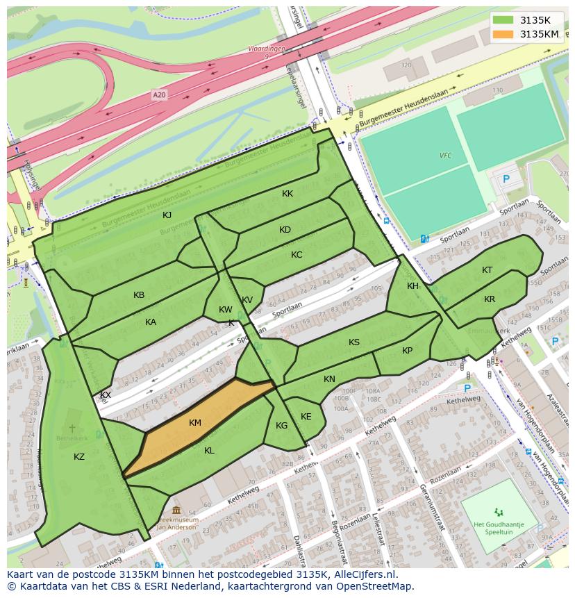 Afbeelding van het postcodegebied 3135 KM op de kaart.