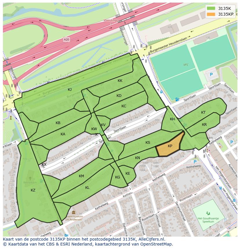 Afbeelding van het postcodegebied 3135 KP op de kaart.