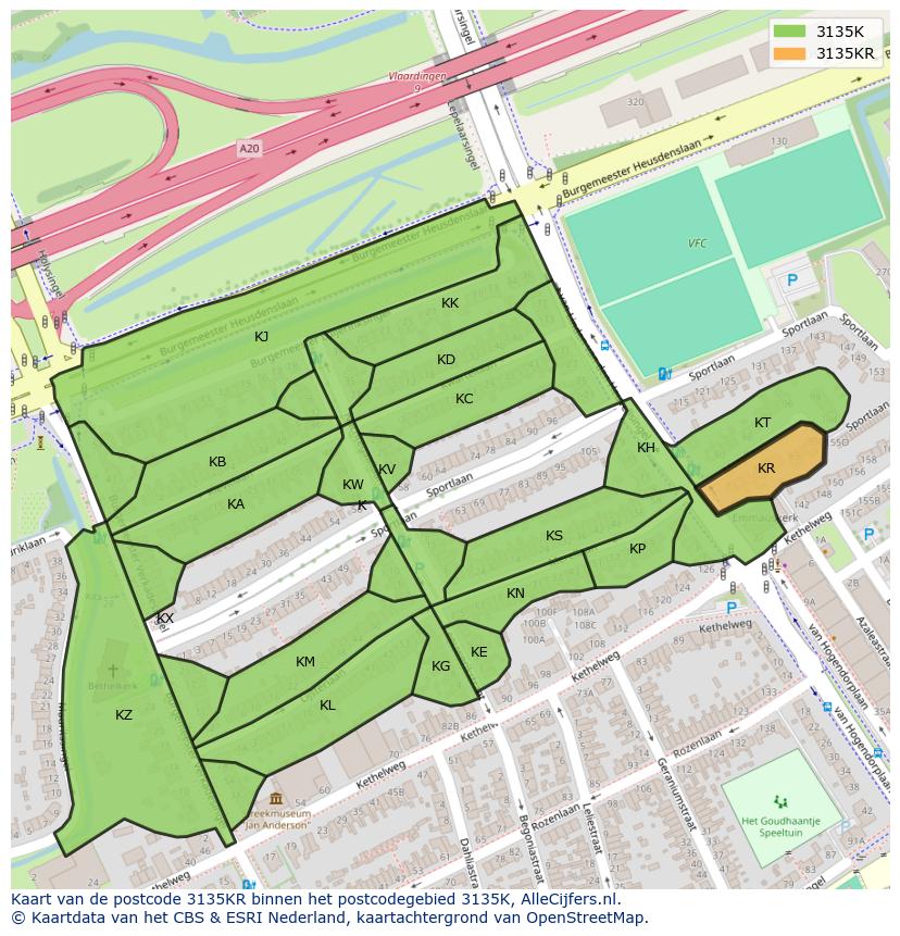 Afbeelding van het postcodegebied 3135 KR op de kaart.