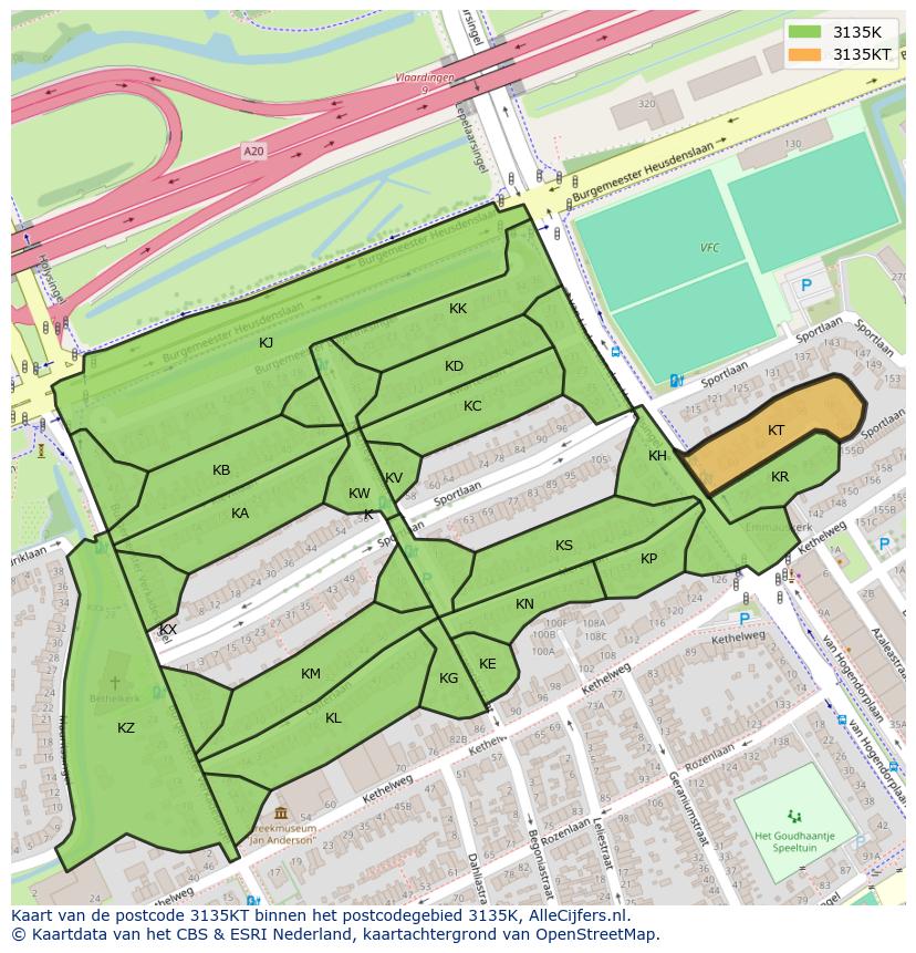 Afbeelding van het postcodegebied 3135 KT op de kaart.