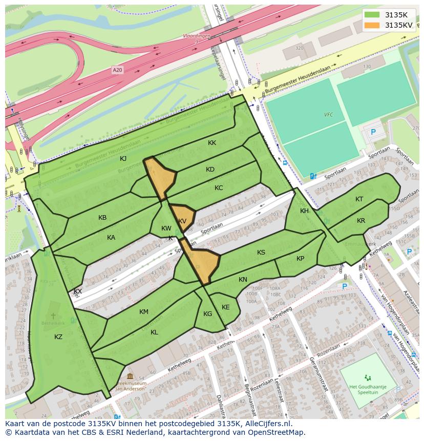Afbeelding van het postcodegebied 3135 KV op de kaart.