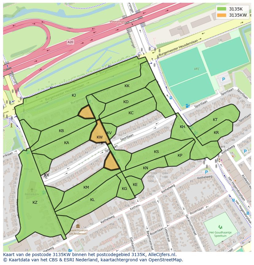 Afbeelding van het postcodegebied 3135 KW op de kaart.