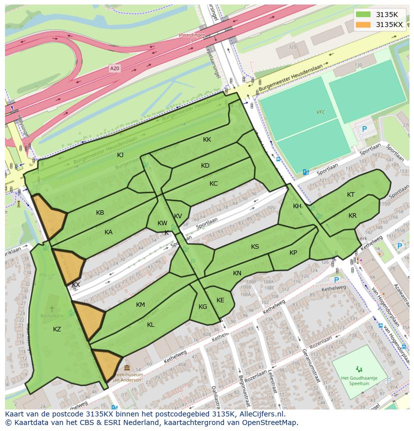 Afbeelding van het postcodegebied 3135 KX op de kaart.