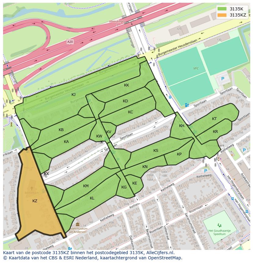 Afbeelding van het postcodegebied 3135 KZ op de kaart.