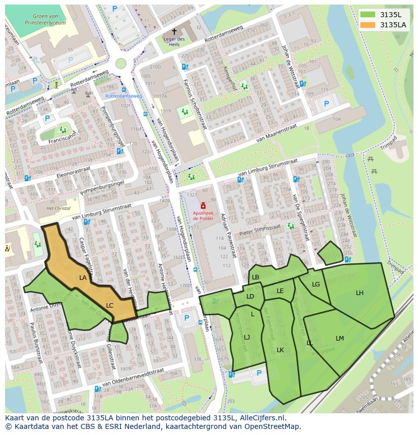 Afbeelding van het postcodegebied 3135 LA op de kaart.