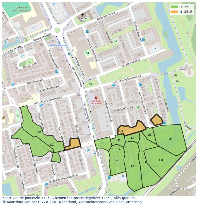 Afbeelding van het postcodegebied 3135 LB op de kaart.