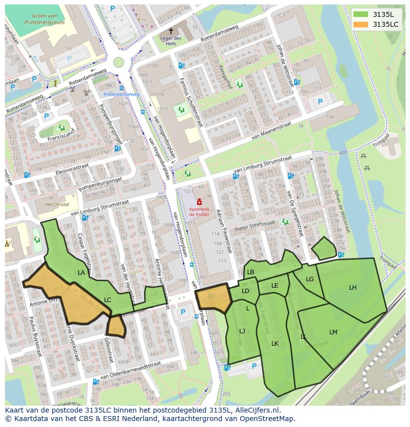 Afbeelding van het postcodegebied 3135 LC op de kaart.