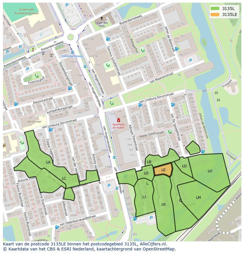 Afbeelding van het postcodegebied 3135 LE op de kaart.