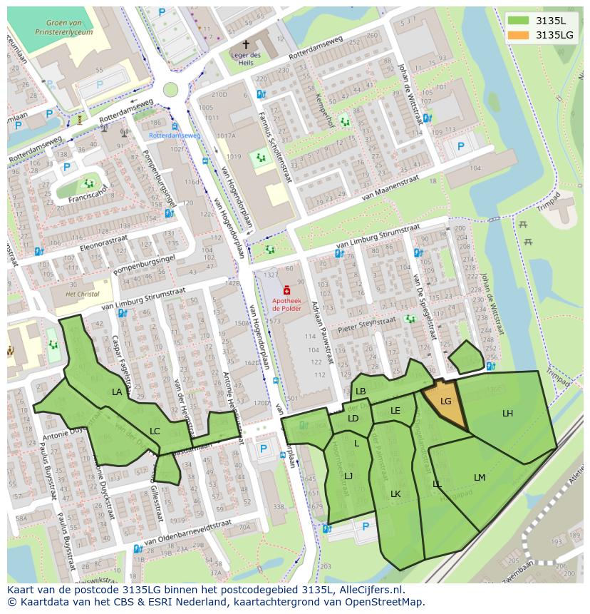 Afbeelding van het postcodegebied 3135 LG op de kaart.