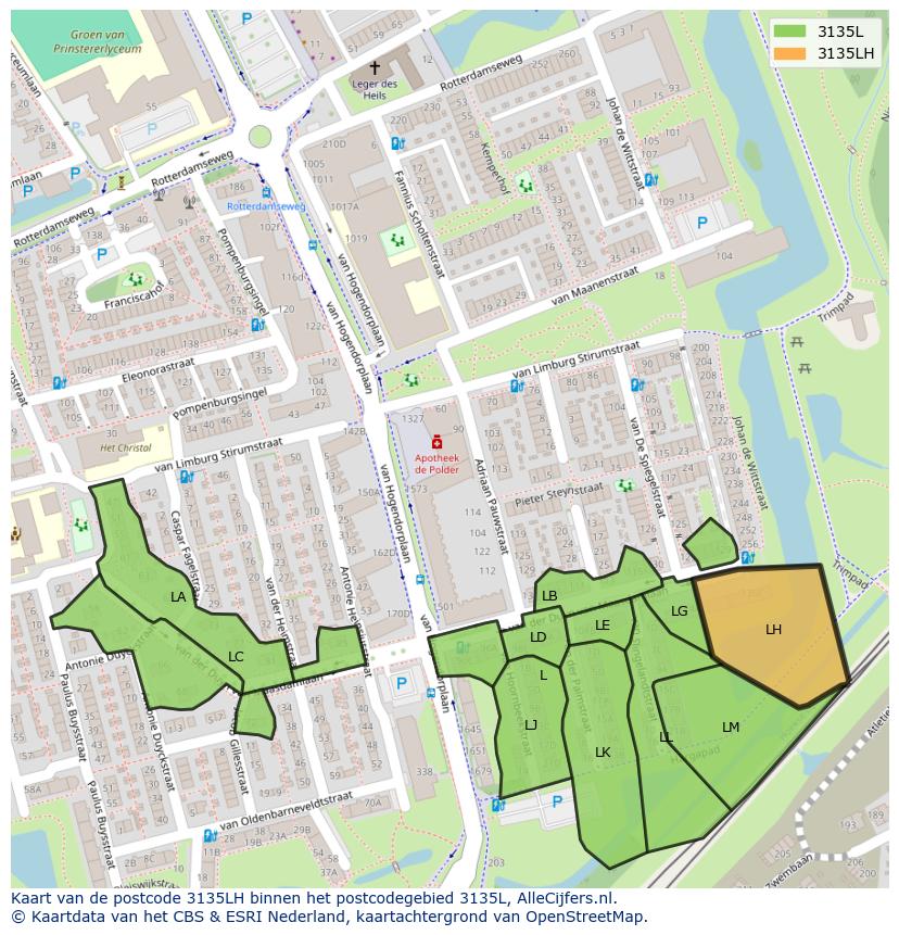 Afbeelding van het postcodegebied 3135 LH op de kaart.