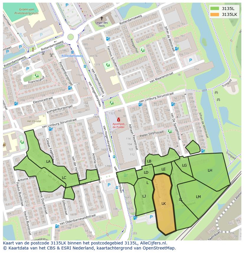Afbeelding van het postcodegebied 3135 LK op de kaart.
