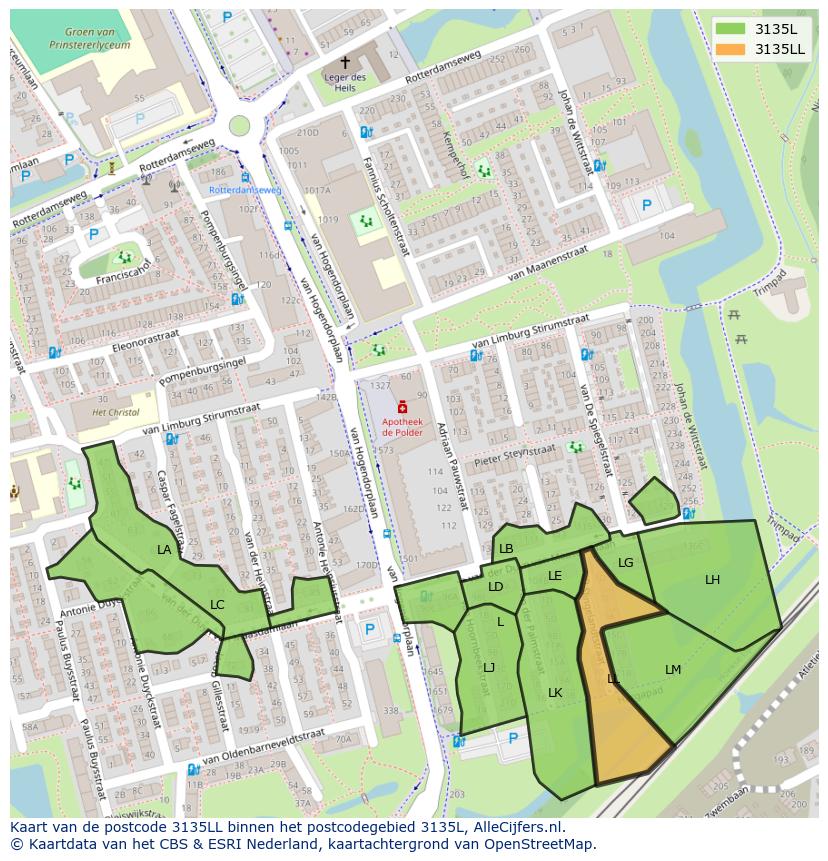 Afbeelding van het postcodegebied 3135 LL op de kaart.