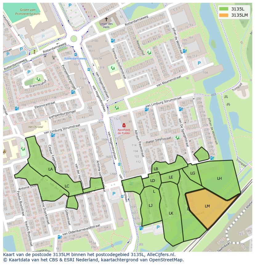 Afbeelding van het postcodegebied 3135 LM op de kaart.
