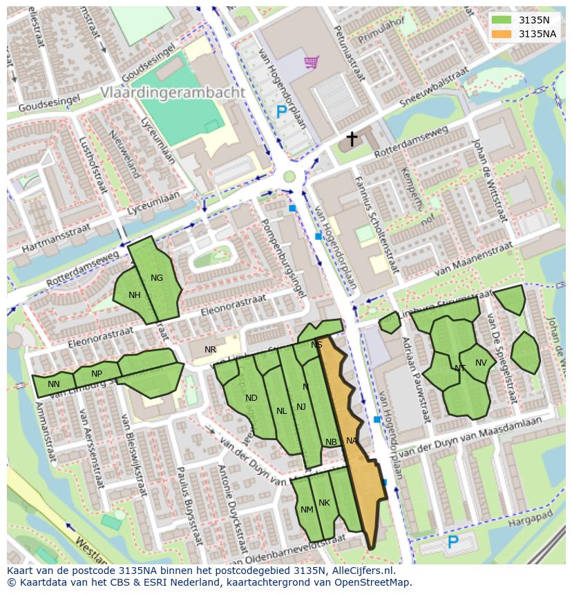 Afbeelding van het postcodegebied 3135 NA op de kaart.