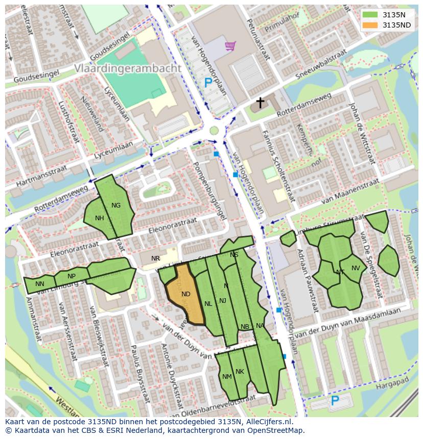Afbeelding van het postcodegebied 3135 ND op de kaart.