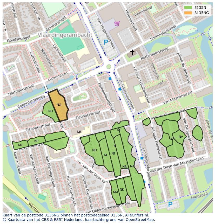 Afbeelding van het postcodegebied 3135 NG op de kaart.
