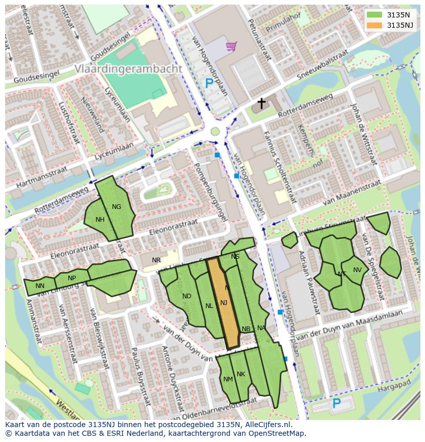 Afbeelding van het postcodegebied 3135 NJ op de kaart.