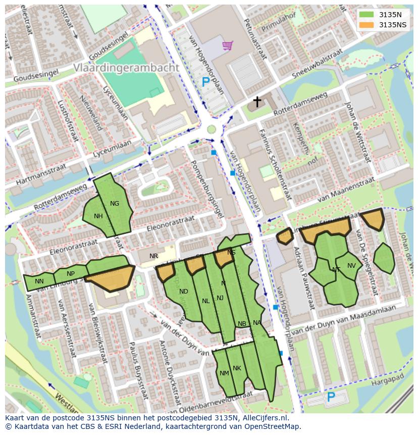 Afbeelding van het postcodegebied 3135 NS op de kaart.