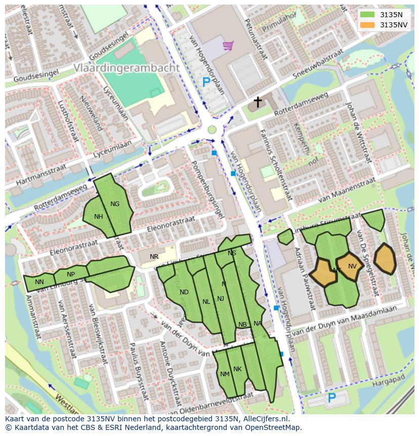 Afbeelding van het postcodegebied 3135 NV op de kaart.