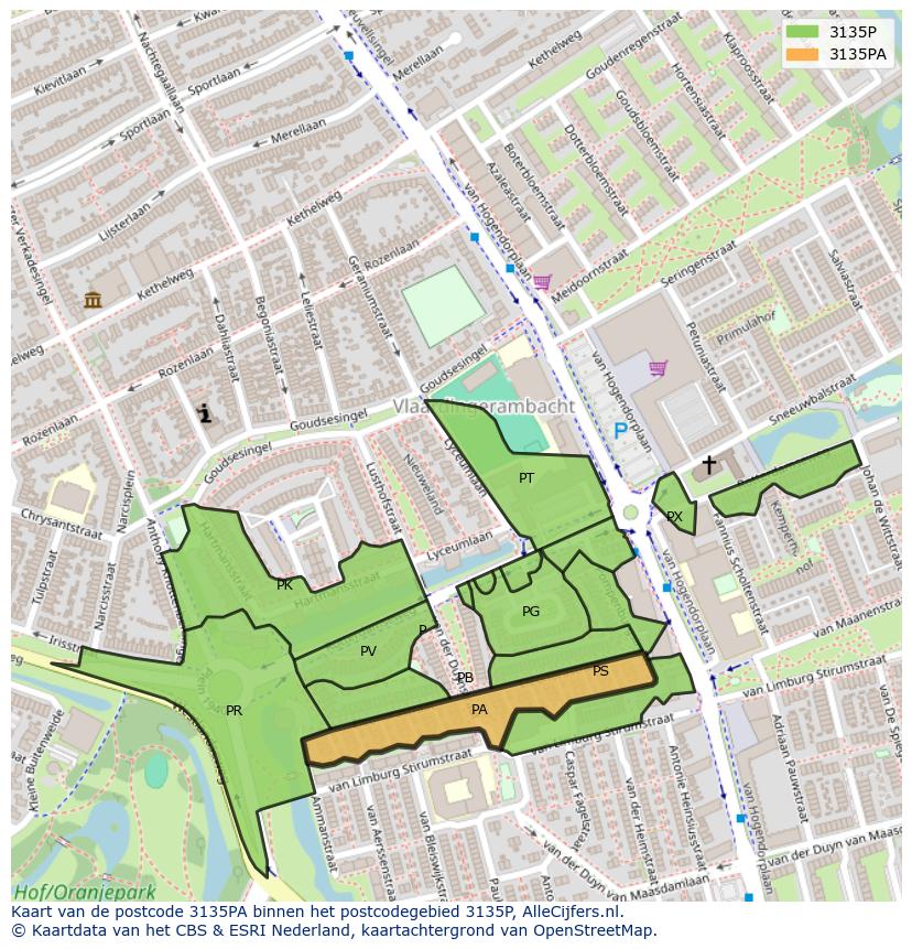 Afbeelding van het postcodegebied 3135 PA op de kaart.