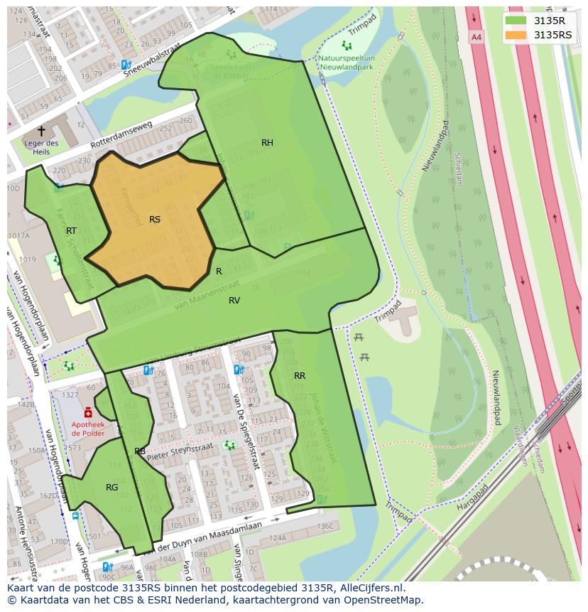 Afbeelding van het postcodegebied 3135 RS op de kaart.