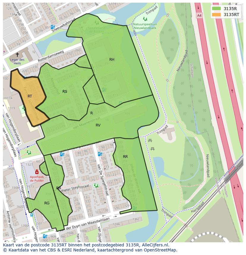 Afbeelding van het postcodegebied 3135 RT op de kaart.