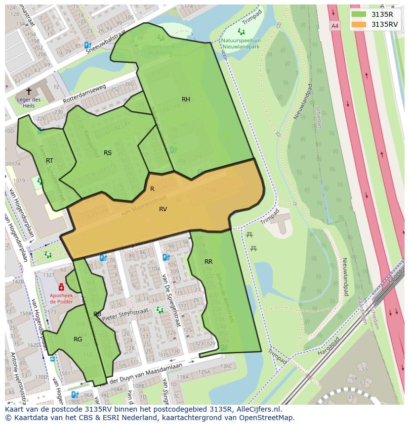 Afbeelding van het postcodegebied 3135 RV op de kaart.